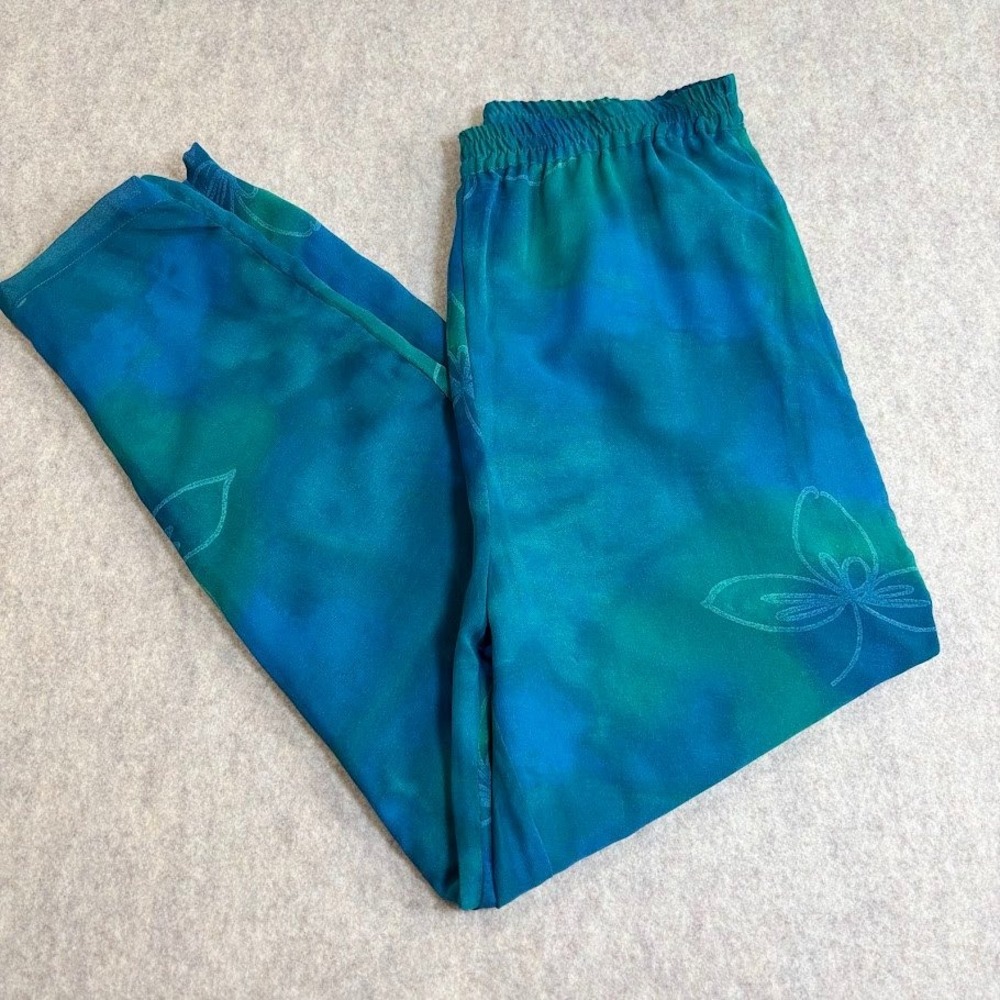 Tie‎ Dye Pants Womens Medium Blue Green Polyester Boho Floral Tapered Flowy